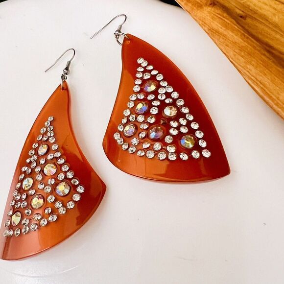 Huge Vintage Lucite Earrings Amber Tone AB Aurora Borealis Rhinestone 1414 - Picture 10 of 15